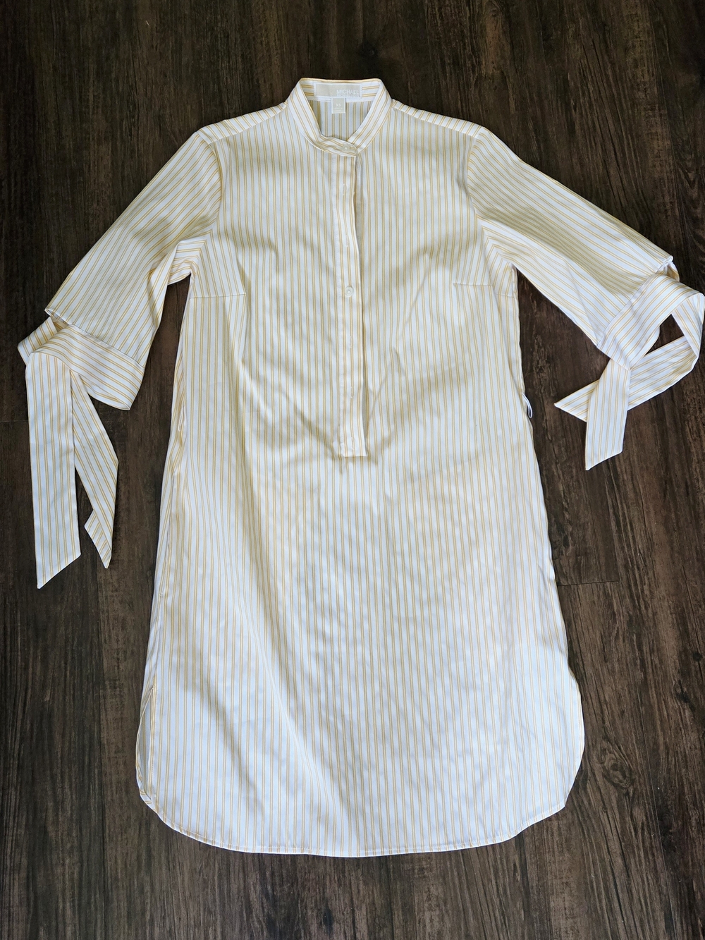 MICHAEL Michael Kors White and Yellow Striped Tie-Sleeve Shirt Dress